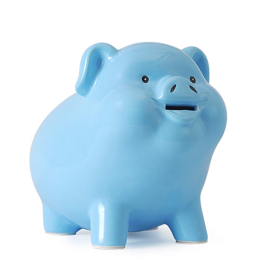 PIG WORLD blue ceramic piggy bank on a desk supports long-term savings and stylish decor.
