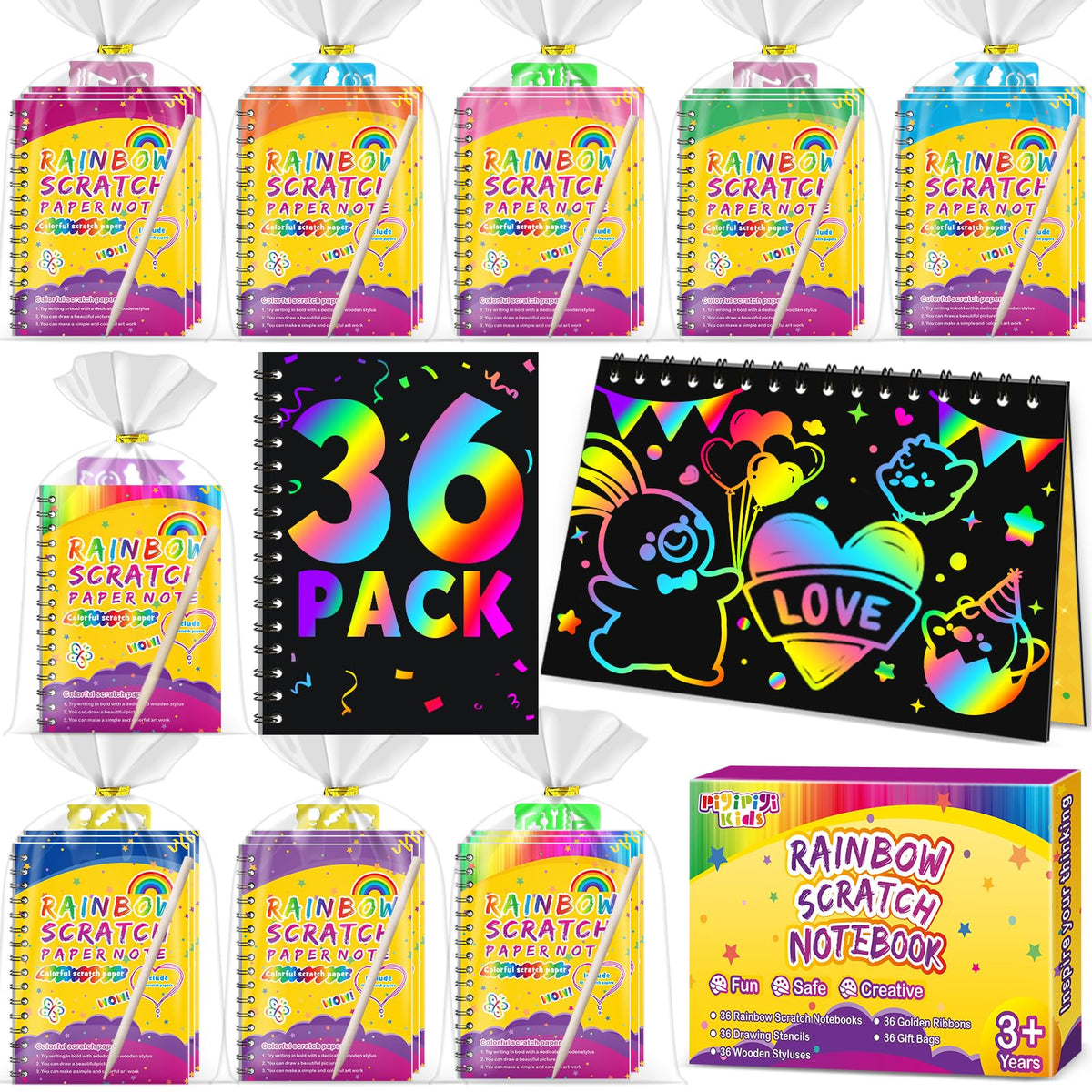 Pigipigi Kids 36-pack scratch notebooks reveal rainbow art for party favors.