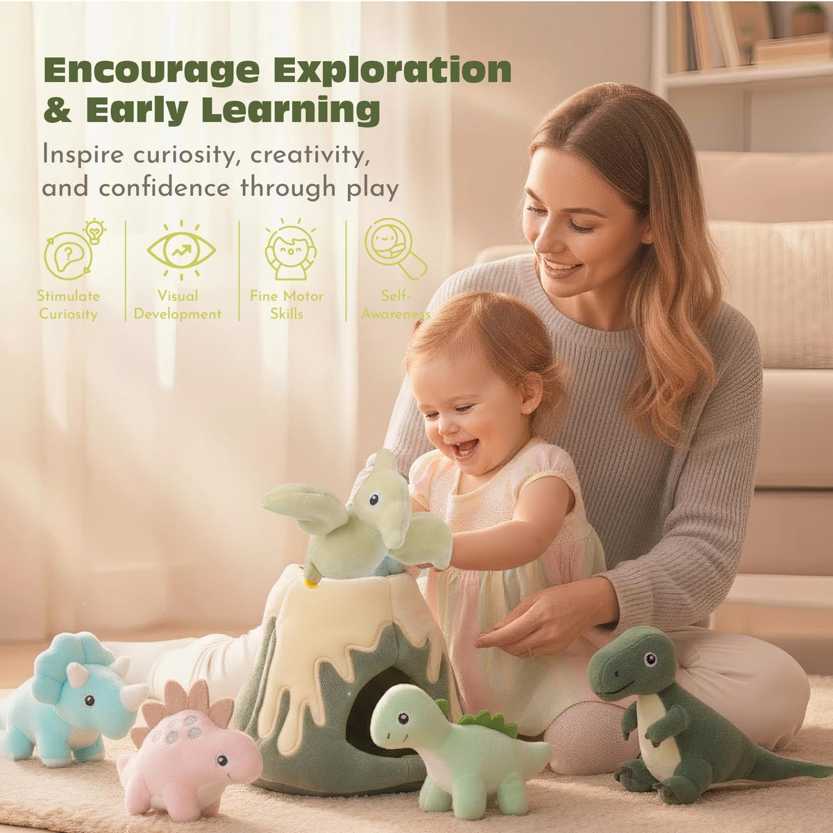 PIIKAGO plush dinosaurs include a rattle for engaging sensory exploration.