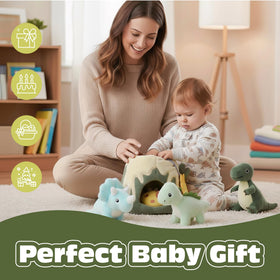 PIIKAGO plush dino squeaker adds playful sound for auditory feedback.