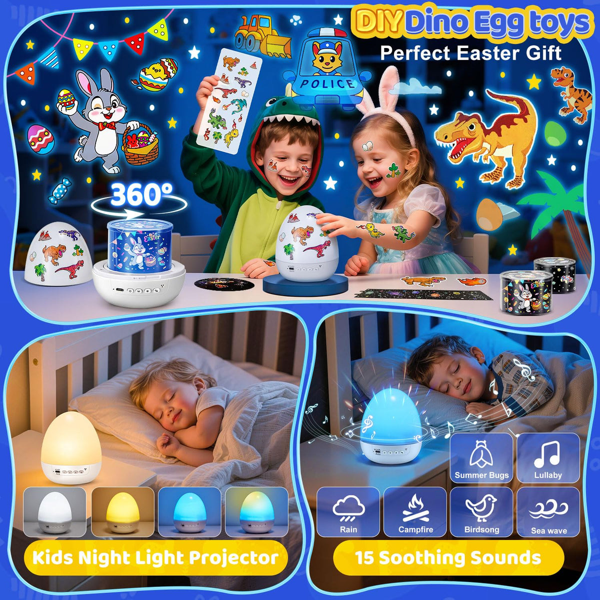 PIKOY dinosaur egg light projecting rotating visuals across walls