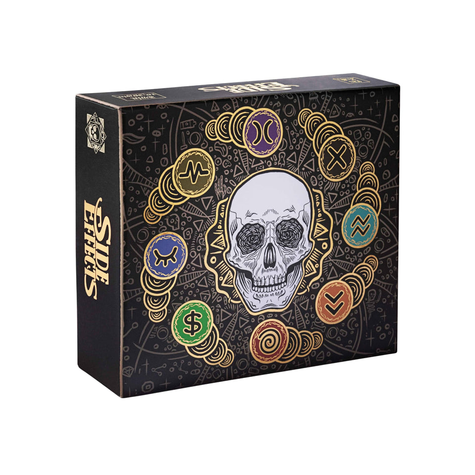 Pillbox Games Side Effects cover art invites intrigue for lively game nights.
