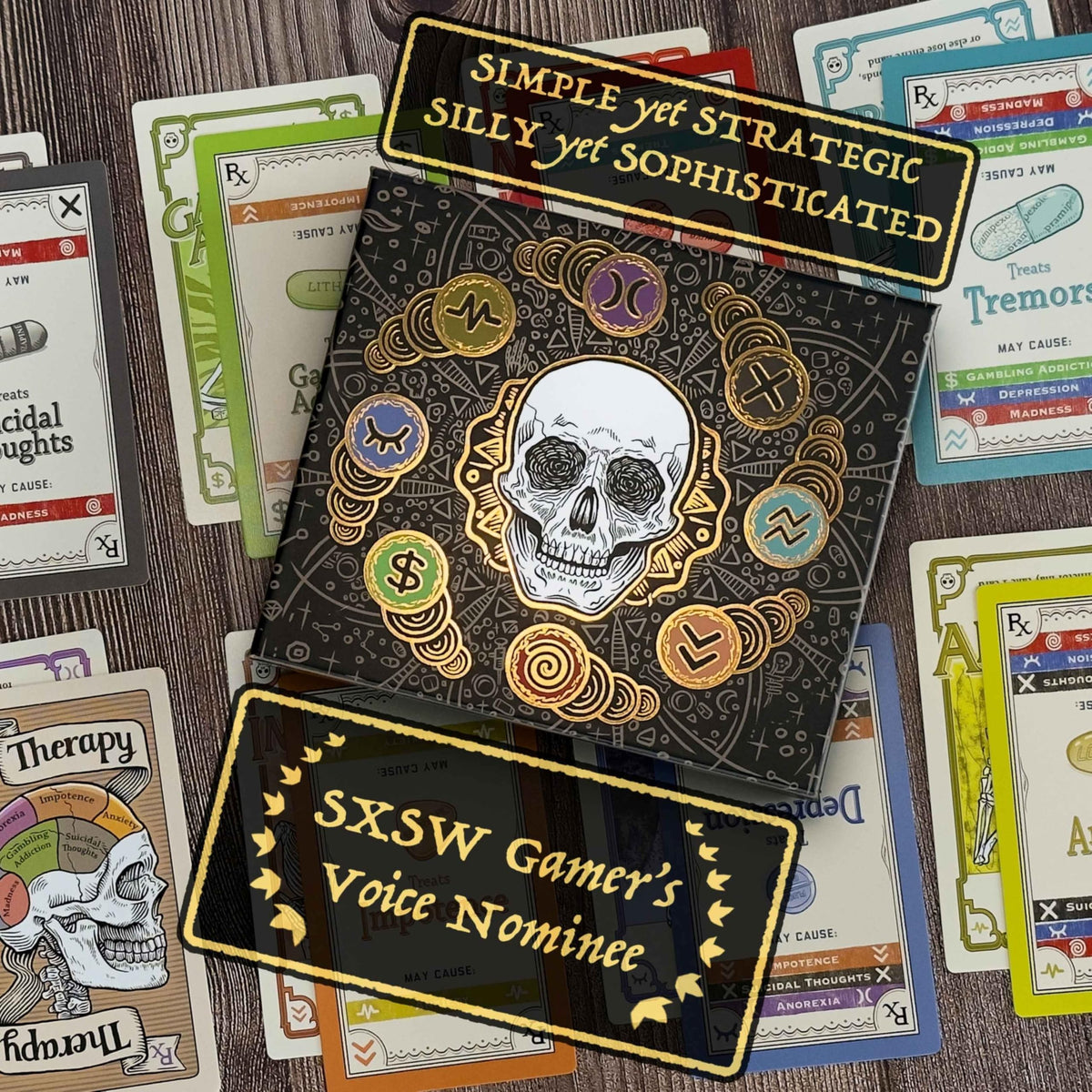 Pillbox Games Side Effects drug cards in hand enable strategic treatment choices.