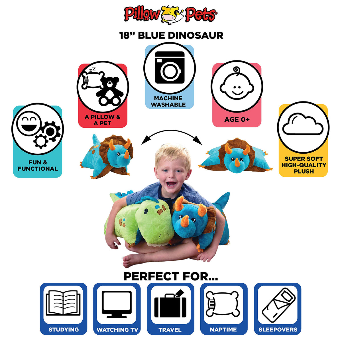 Pillow Pets blue dino cuddly chenille adds vibrant decor and comforting play.