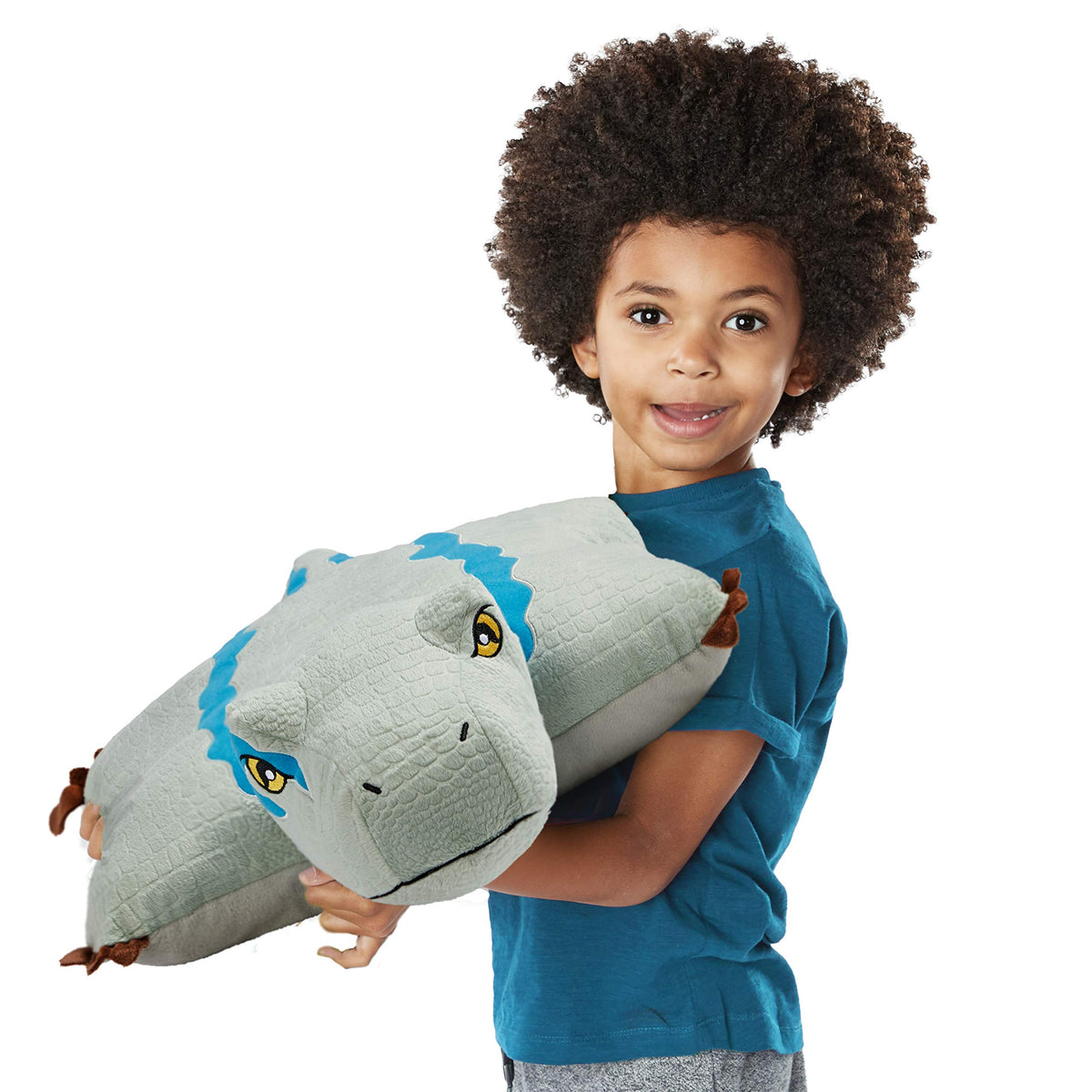 Pillow Pets Blue Velociraptor pillow-form unfolds into a 16-inch pillow.