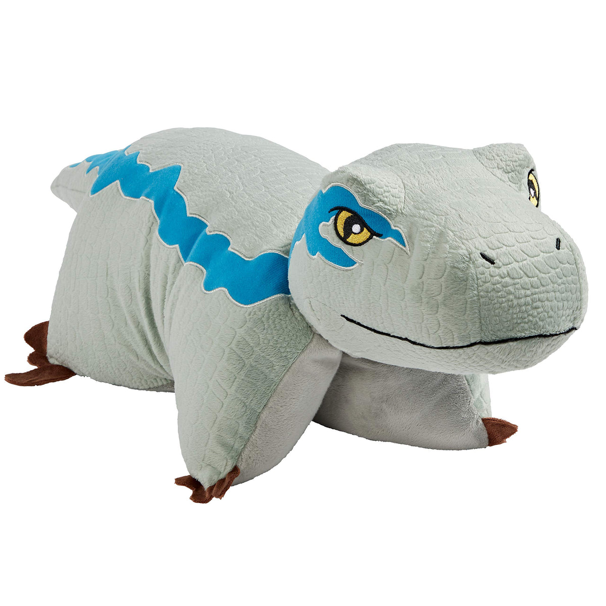 Pillow Pets Blue Velociraptor pose invites cozy nighttime snuggles and imaginative play.