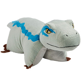 Pillow Pets Blue Velociraptor pose invites cozy nighttime snuggles and imaginative play.