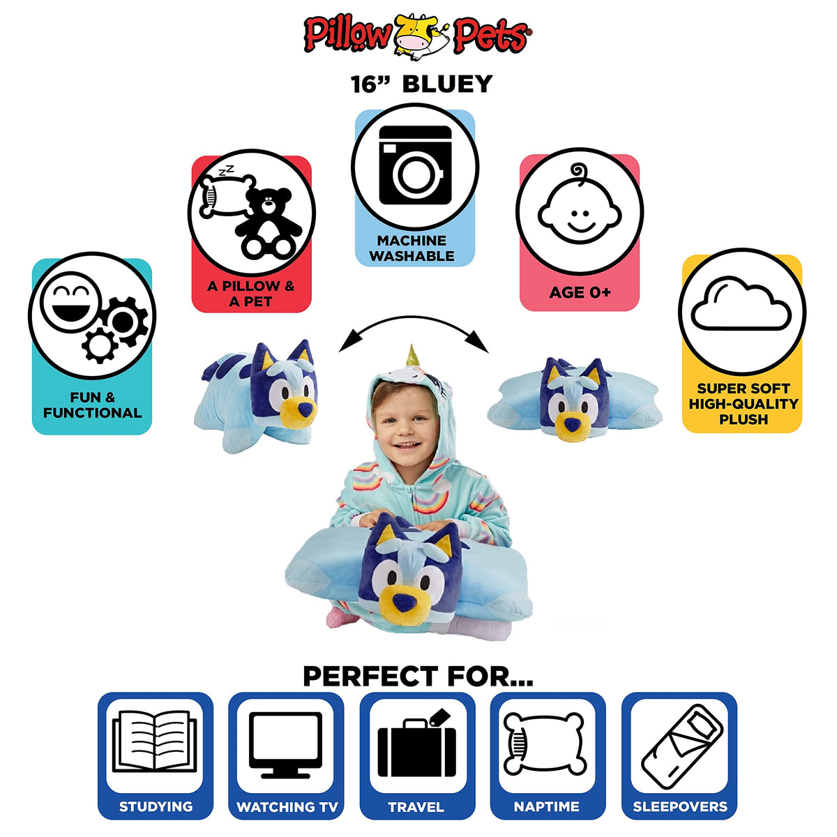 Bluey plush used as a reading buddy on a cozy bed.