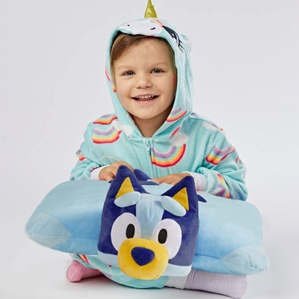 Bluey Pillow Pets traveling companion, ideal for car trips and flights.