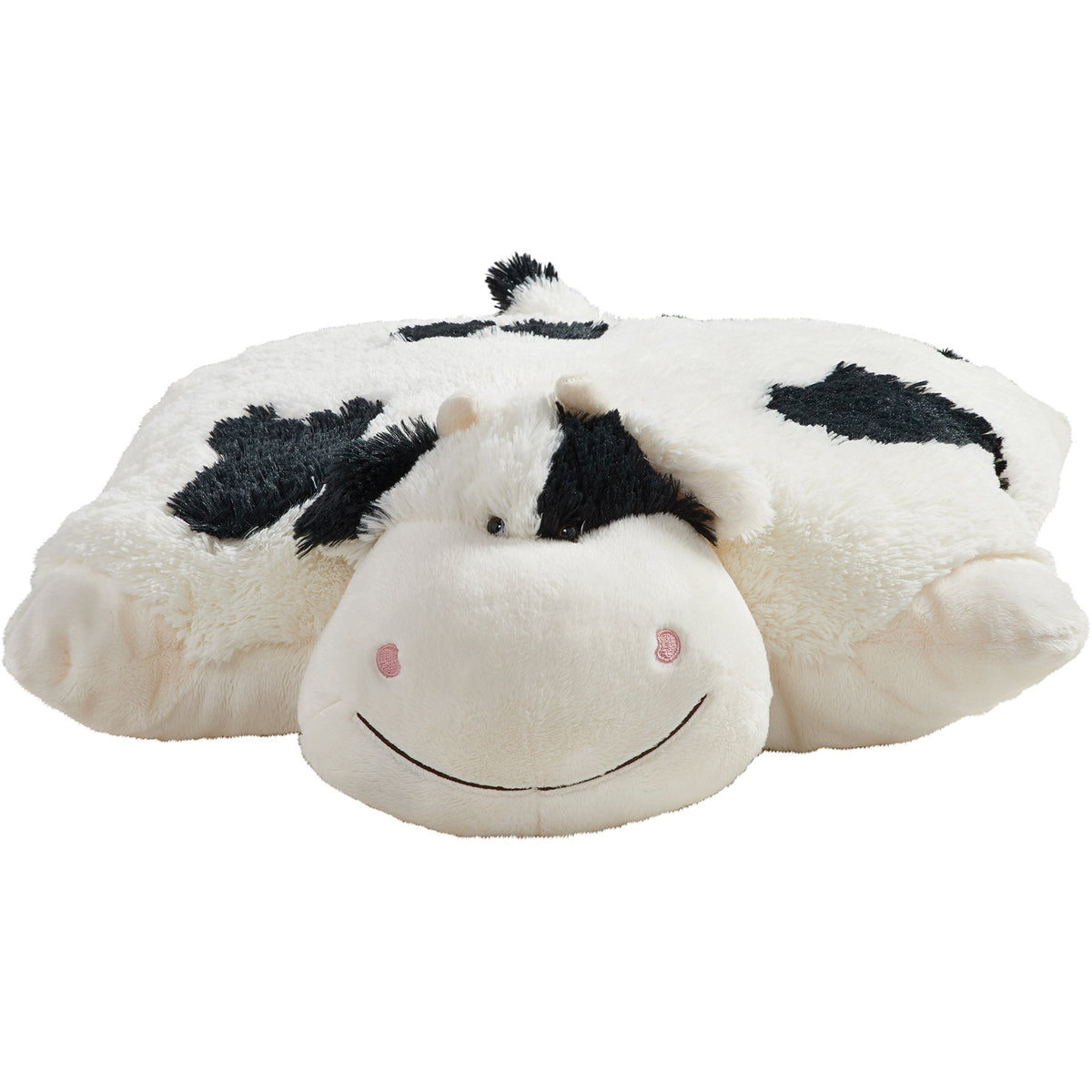 Pillow Pets Cozy Cow unfolds into a pillow on the go.
