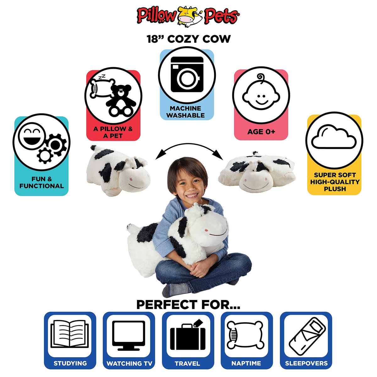 Pillow Pets Cozy Cow velcro belly for quick plush-to-pillow switch.