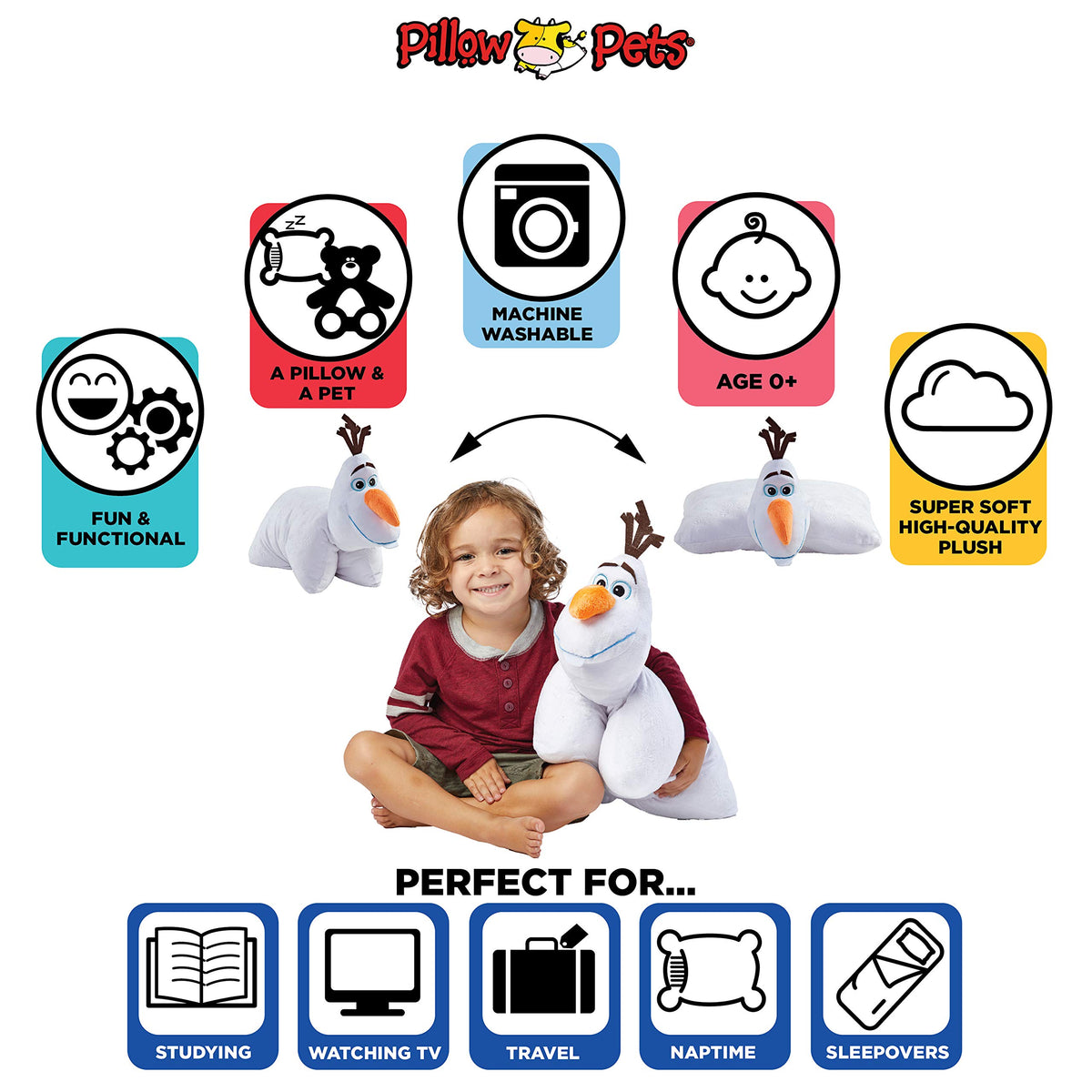Pillow Pets Disney Olaf snowman plush belly-unfasten design transforms into a pillow.
