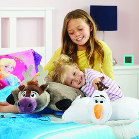 Pillow Pets Disney Olaf snowman plush traveling companion on a car seat.