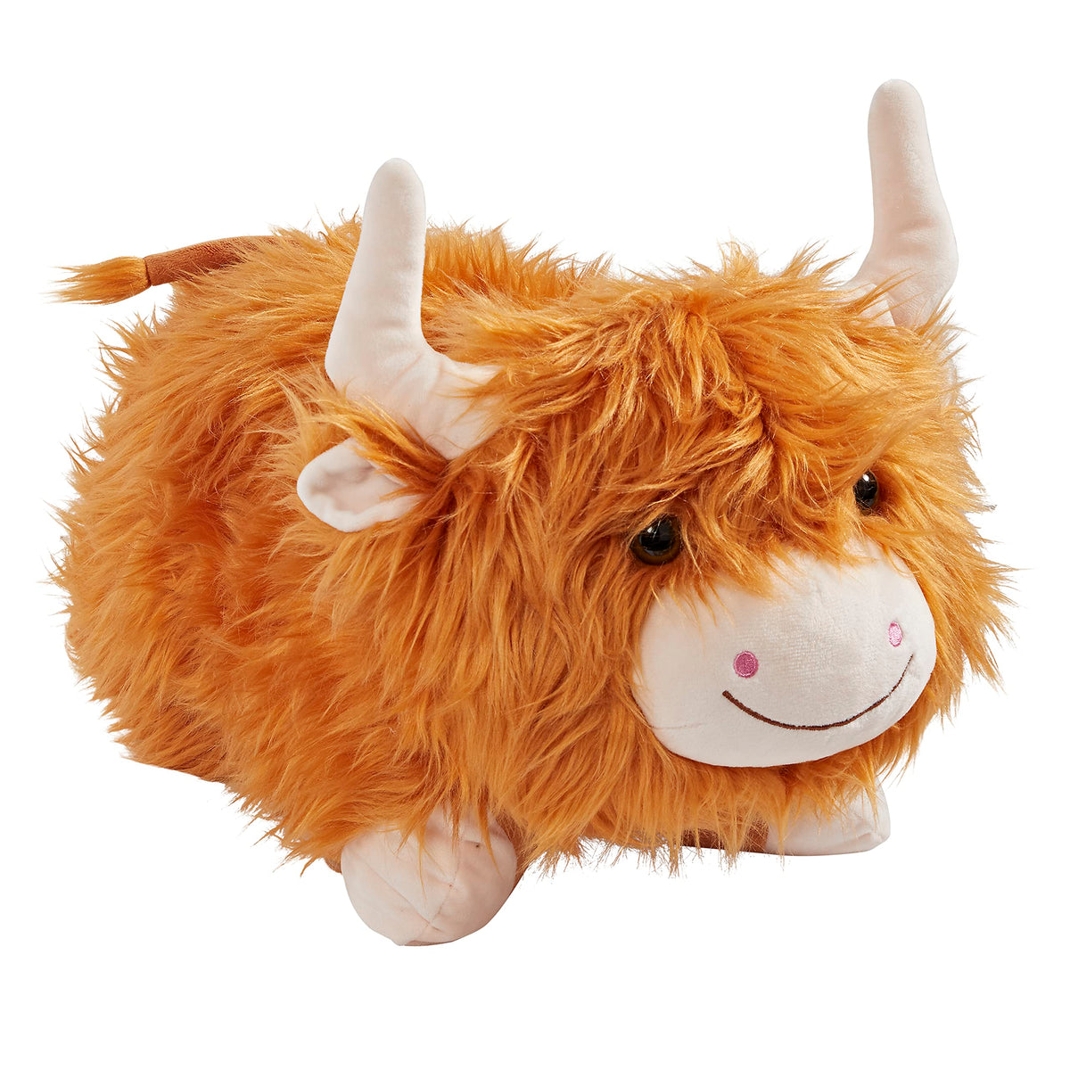 Pillow Pets Highland Cow plush front view, soft fur and friendly eyes inviting cuddles.