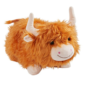 Pillow Pets Highland Cow plush front view, soft fur and friendly eyes inviting cuddles.