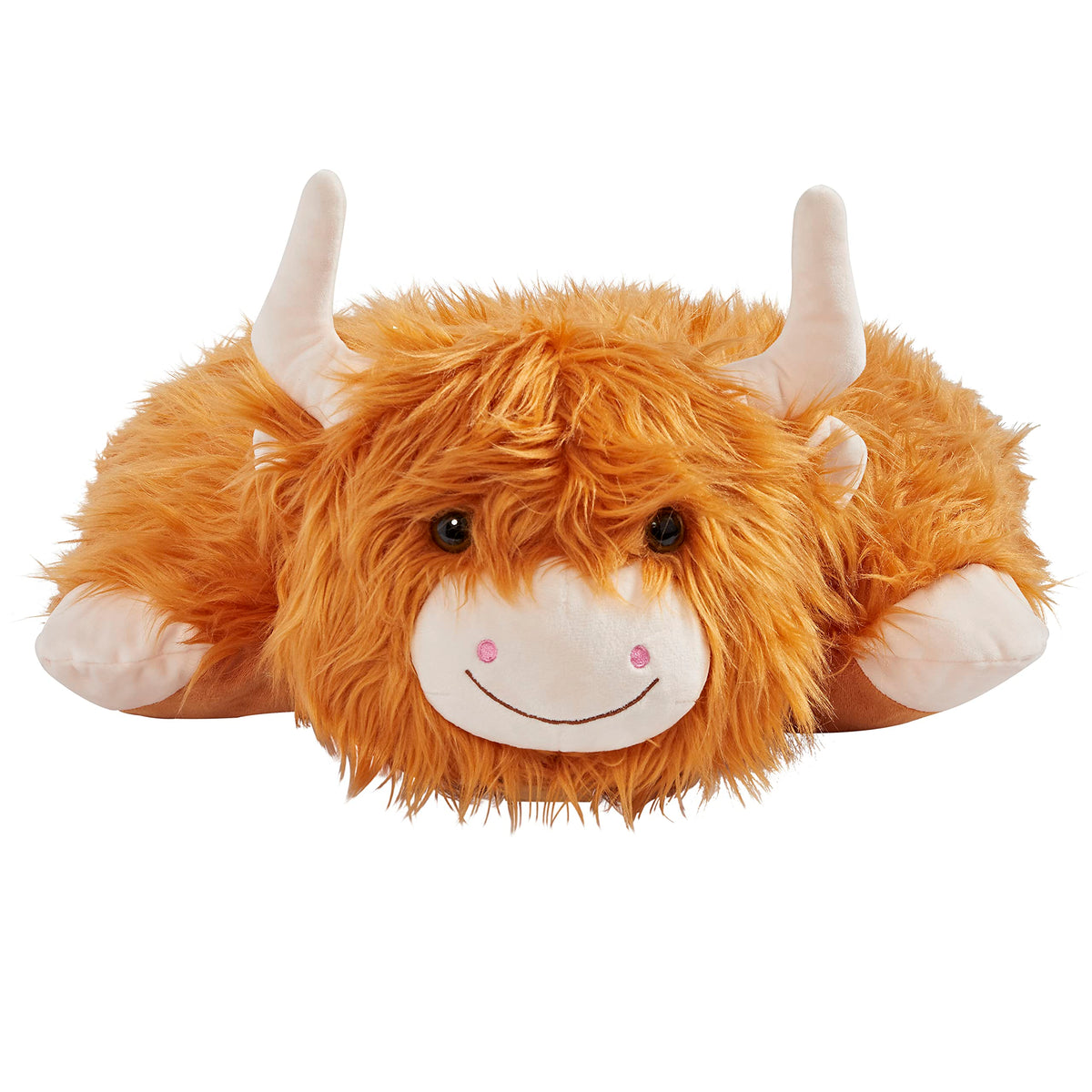 Pillow Pets Highland Cow plush side view, ideal travel companion and comforting buddy.