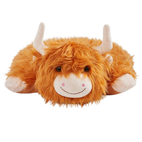 Pillow Pets Highland Cow plush side view, ideal travel companion and comforting buddy.