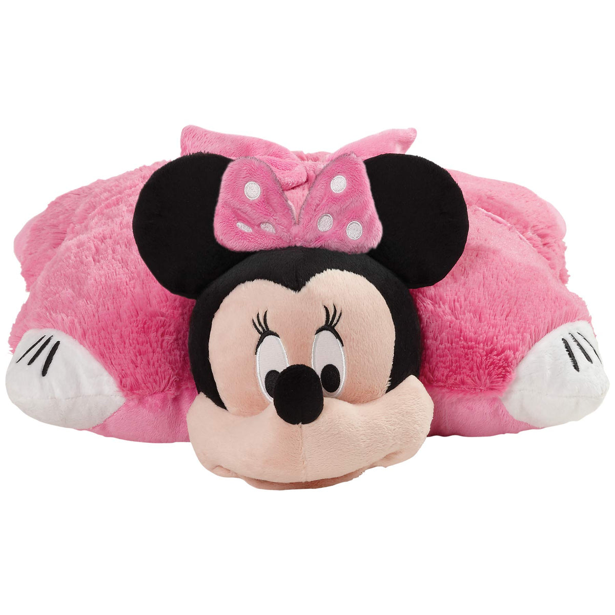 Minnie Mouse Pillow Pet in pink with polka dots as a comfy pillow.