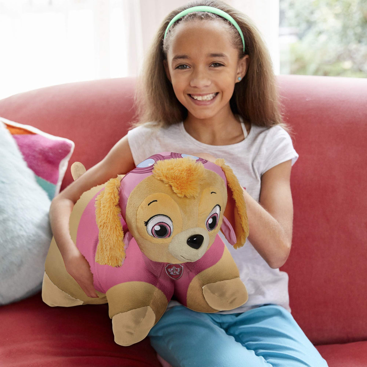 Official Nickelodeon licensed tag on Skye Pillow Pets for authenticity.