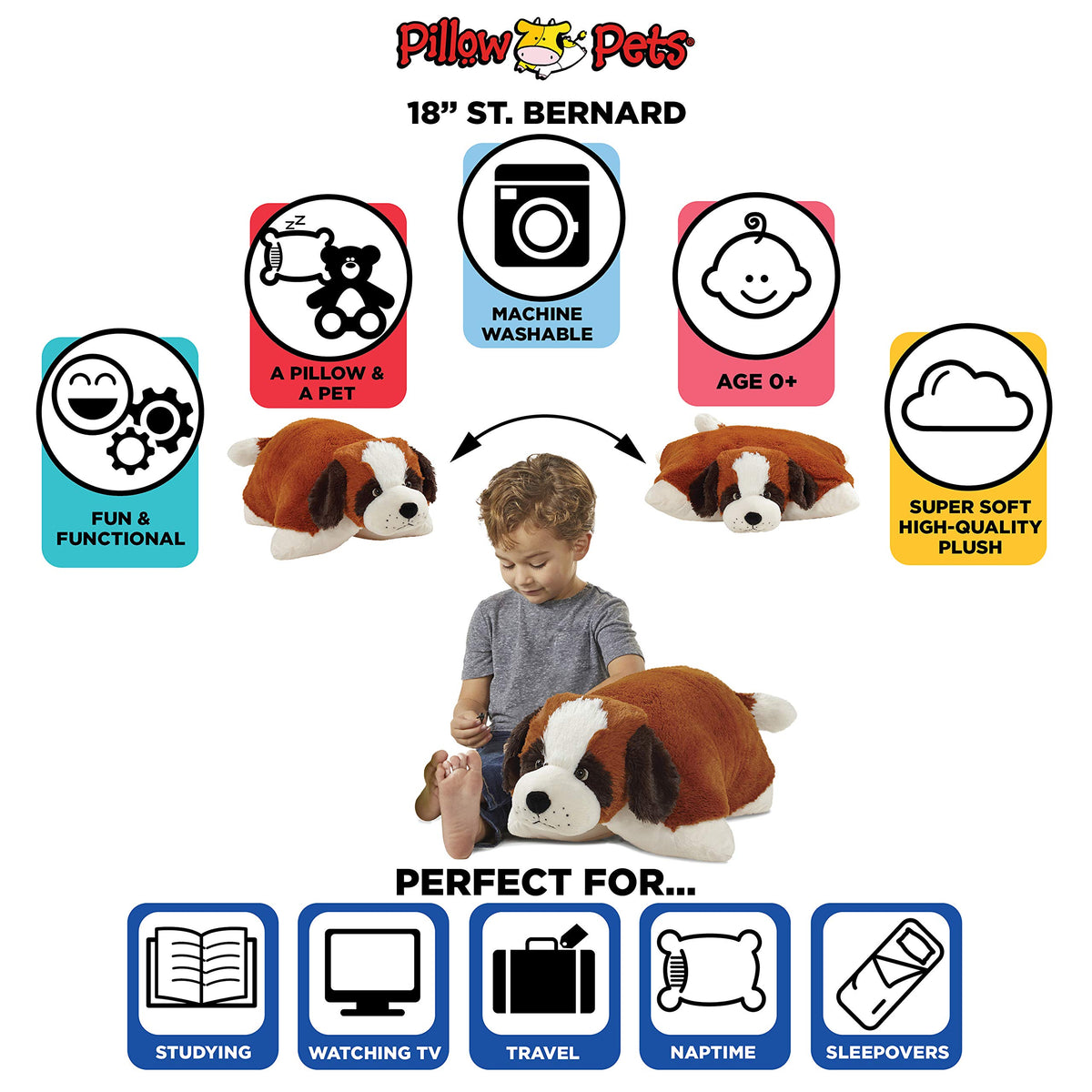 Pillow Pets St. Bernard pillow form converts to a soft cushion for rest.