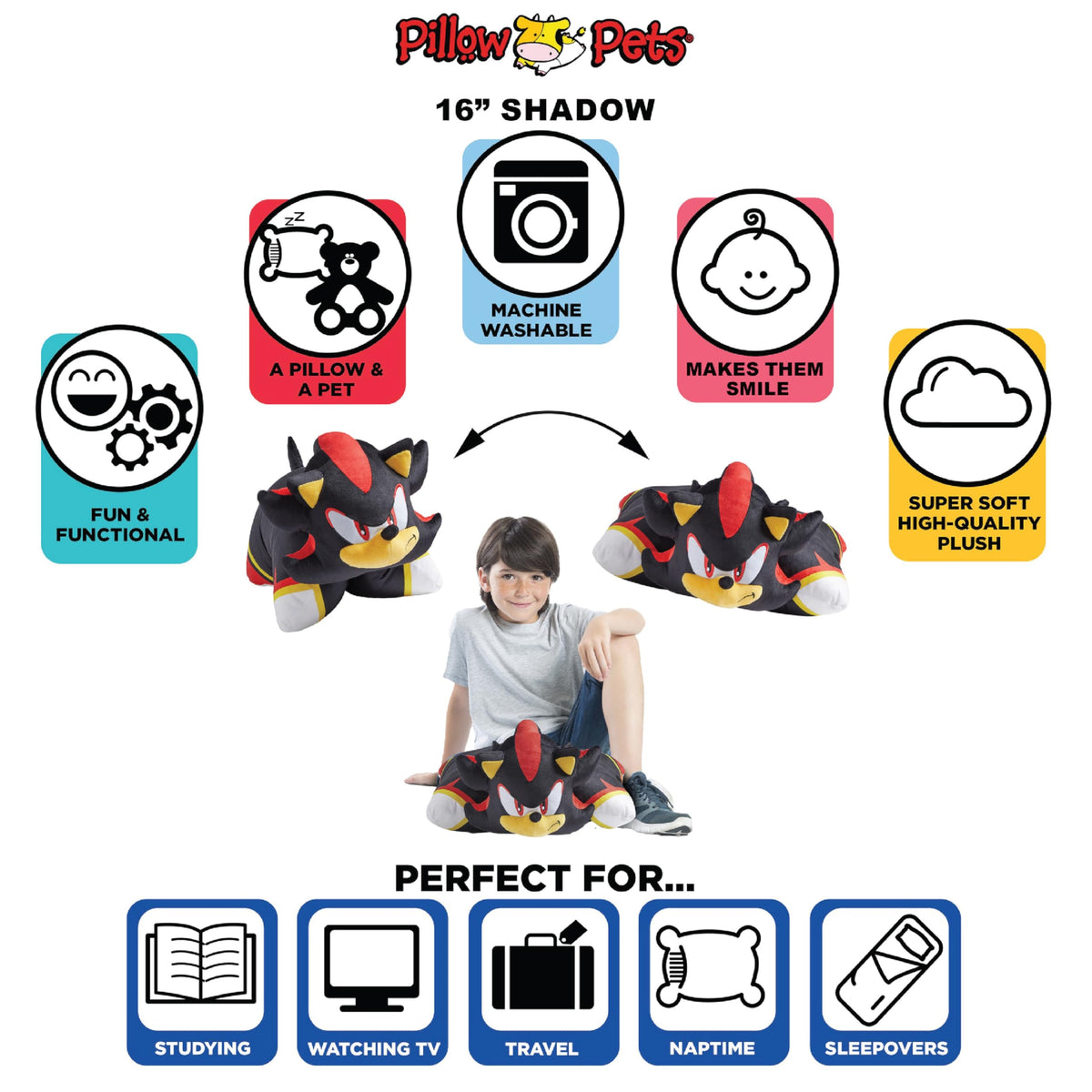 Pillow Pets SEGA Shadow travel pillow supports comfortable trips.