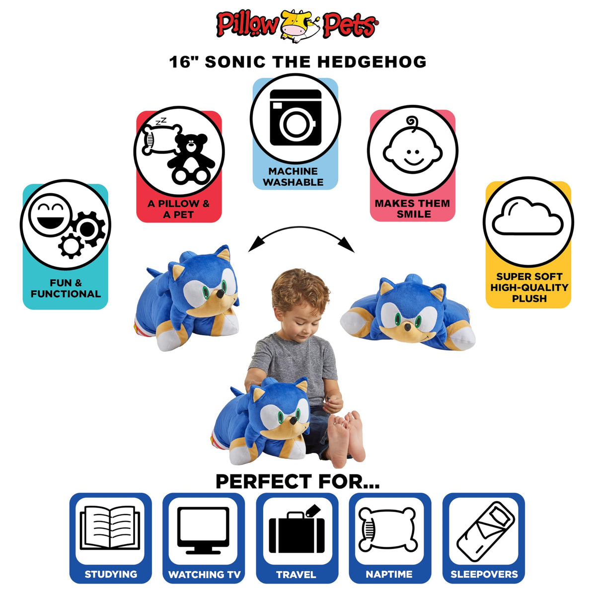 Pillow Pets Sonic Hedgehog pillow is compact for travel comfort