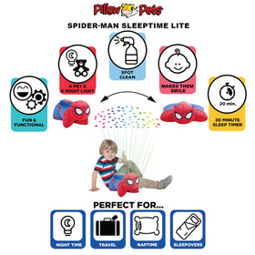 Pillow Pets Spider-Man Sleeptime Lite includes a 20-minute auto-off timer for gentle, short-nightlight sessions.