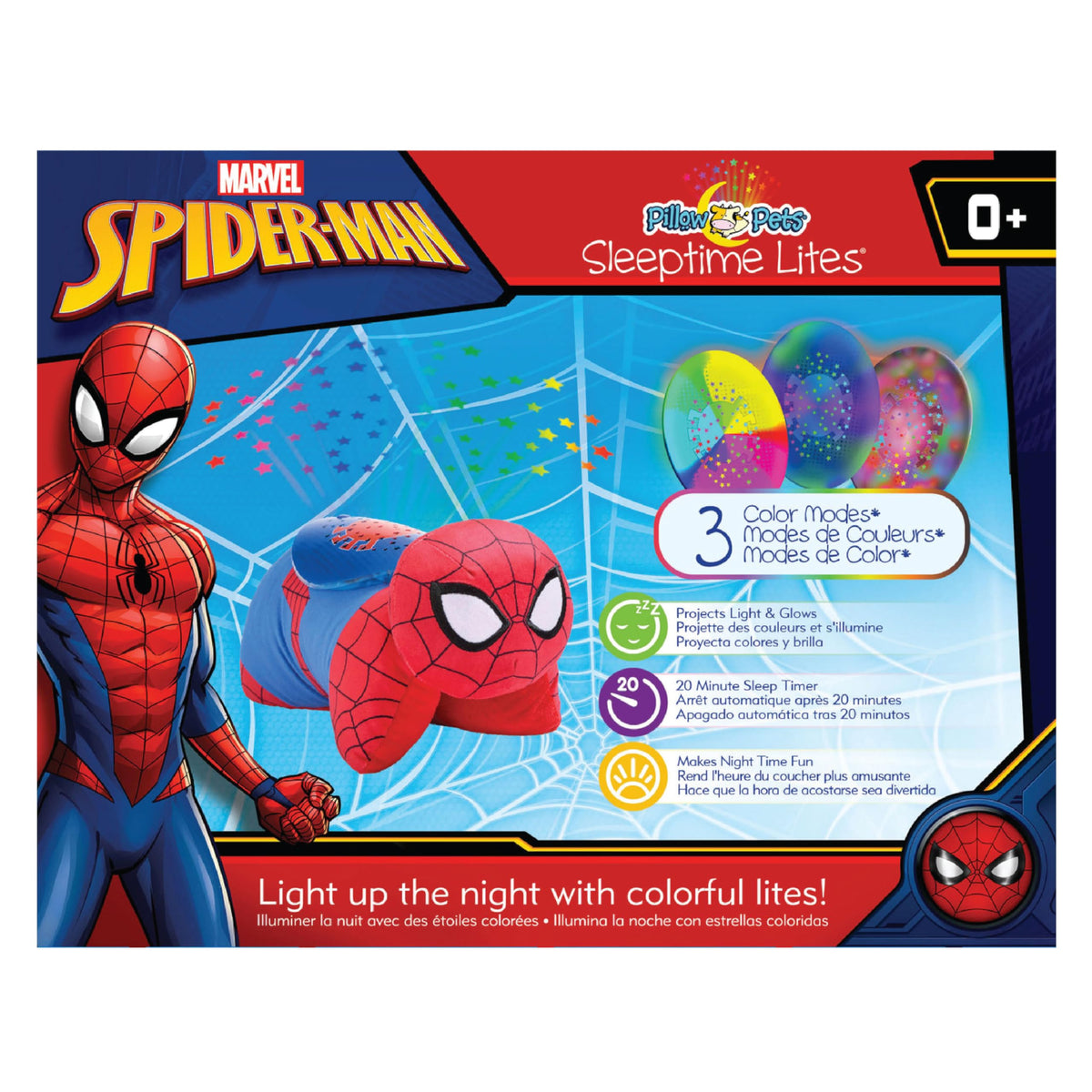 Pillow Pets Spider-Man Sleeptime Lite is compact at 11 inches for travel or small rooms.