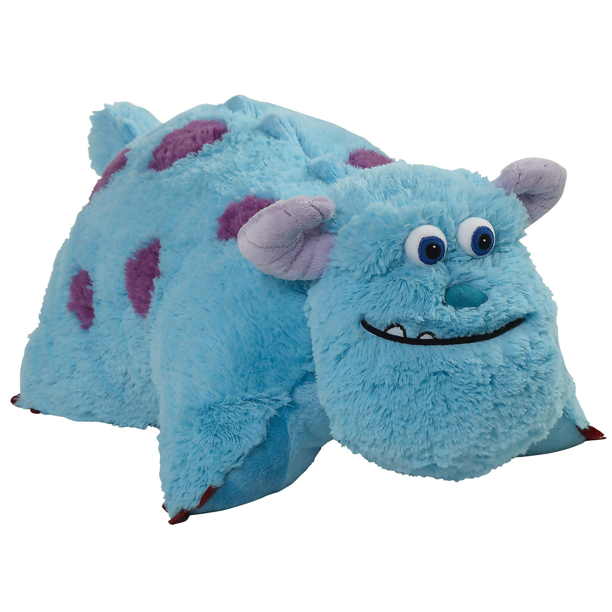Pillow Pets Sulley close-up with shaggy turquoise fur, a friendly Disney companion for nap time.