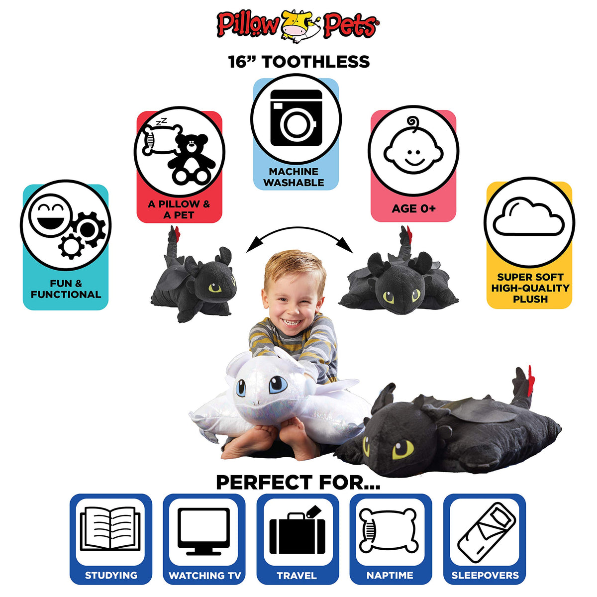Pillow Pets Toothless soft chenille fabric invites cozy cuddles.