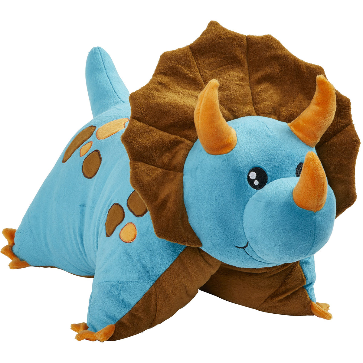 Pillow Pets Triceratops blue dinosaur plush unfurls into an 18-inch pillow for cozy naps.