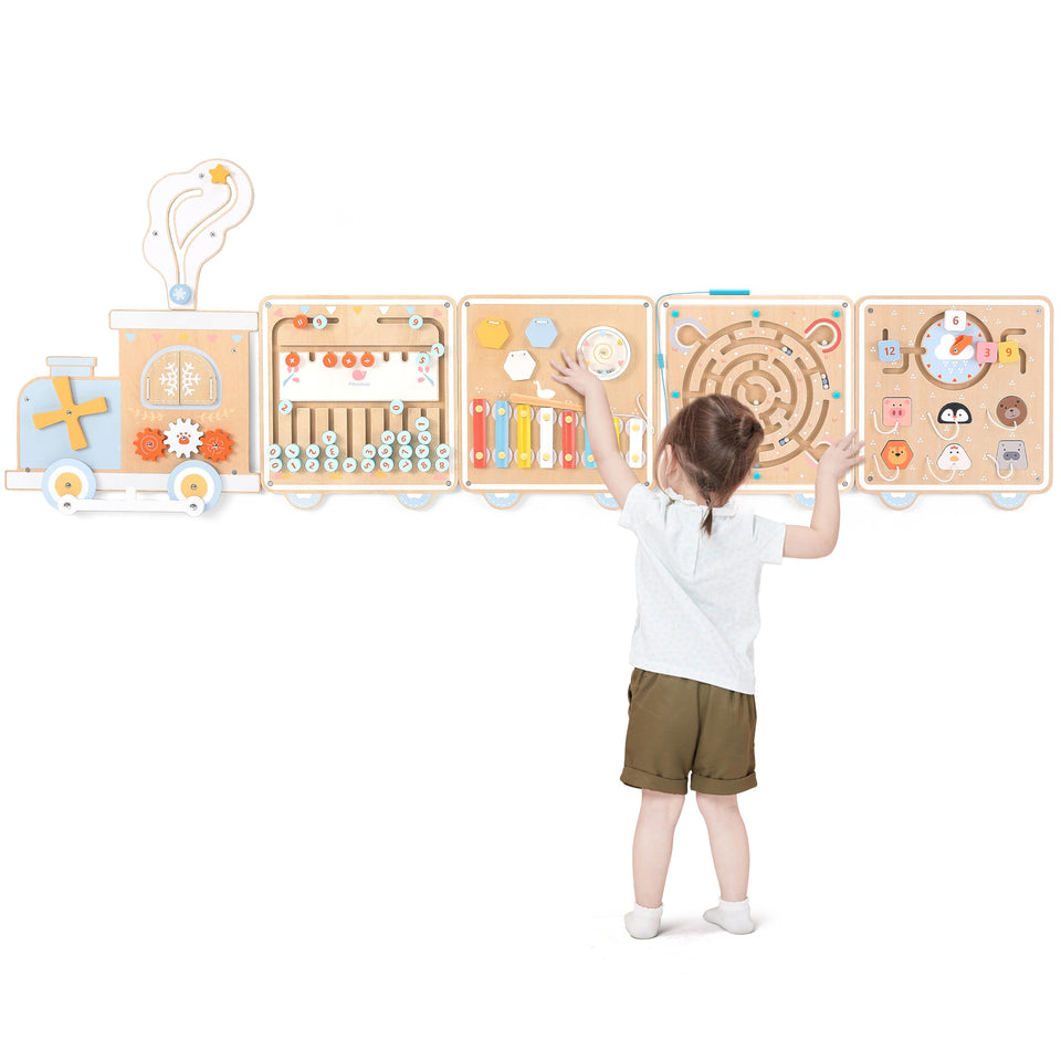 Pillowhale Train Wall Busy Board assembly view showing hands-on setup for learning