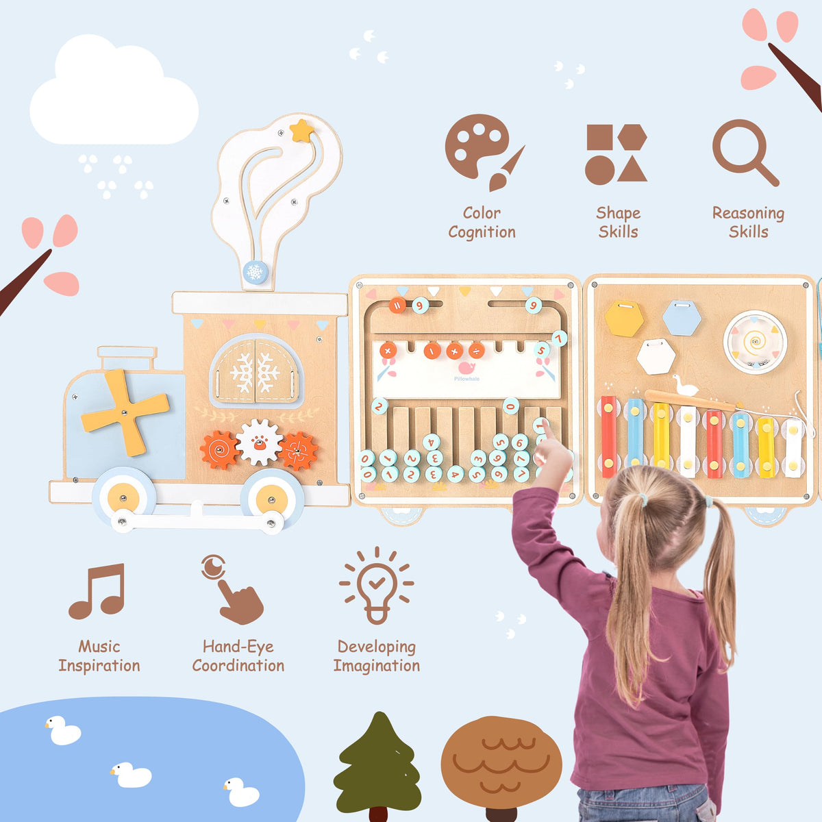 Pillowhale Train Wall Busy Board gears and windmill for fine motor play