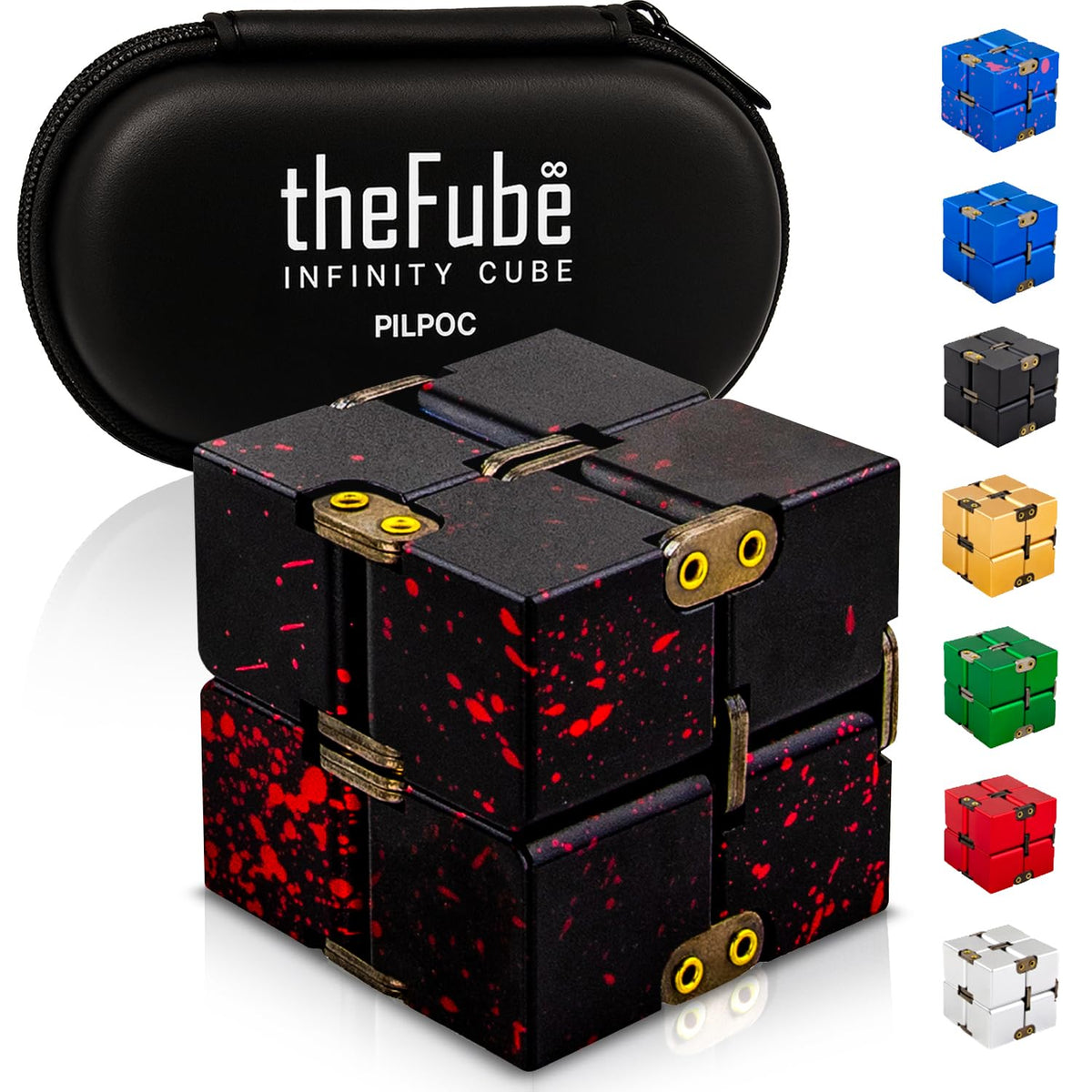 PILPOC theFube infinity cube front view with protective case for portability.