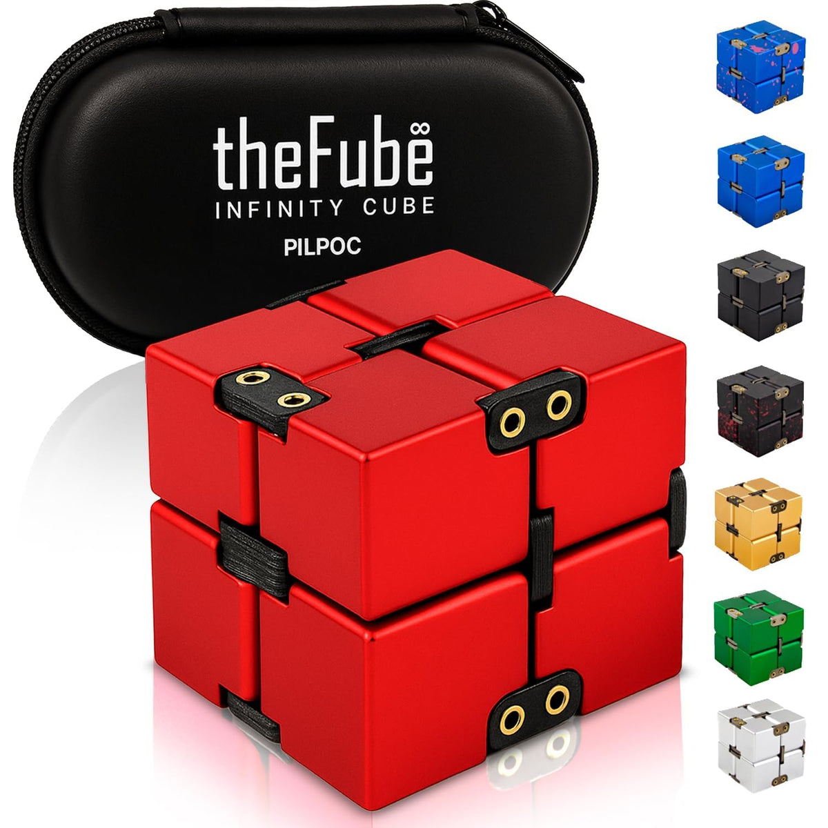 PILPOC theFube Infinity Cube red side view, durable aluminum for lasting fidget sessions.