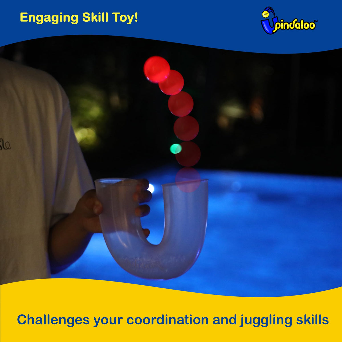 Pindaloo LED neon balls in action for flicking and catching practice.