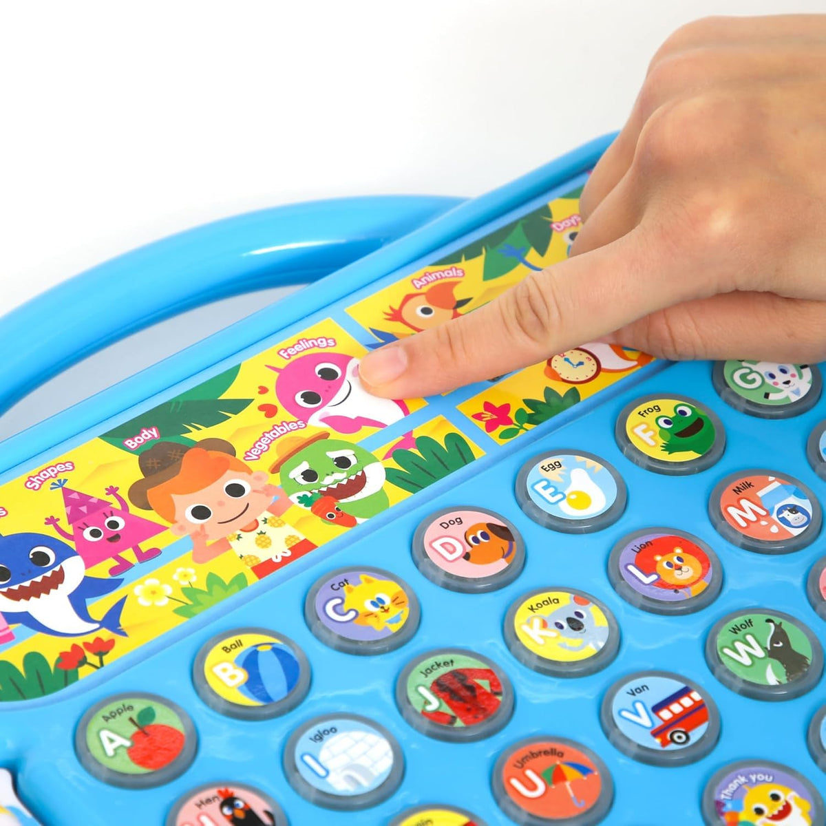 Pinkfong Baby Shark ABC Bus responsive buttons guide early literacy exploration.