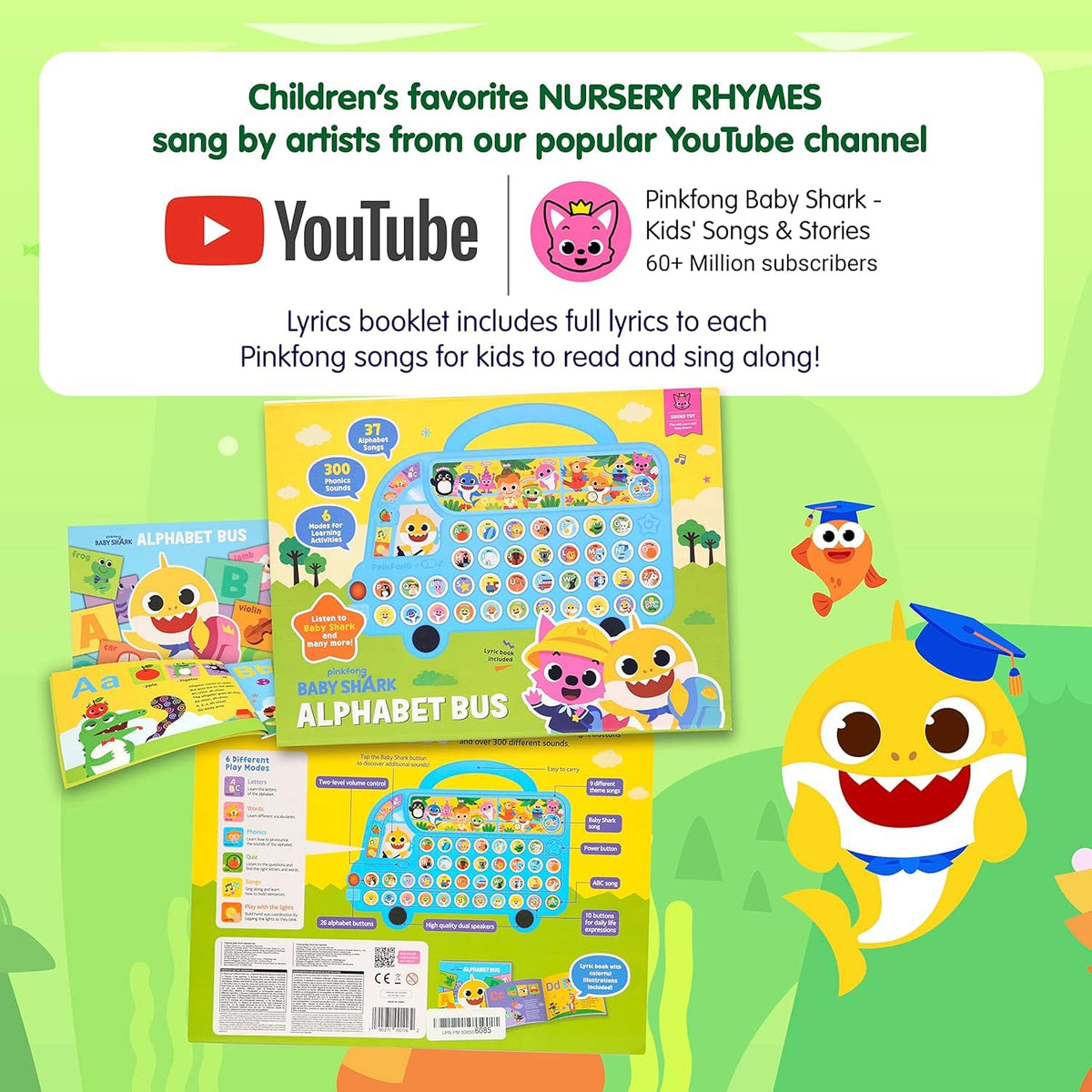 Pinkfong Baby Shark ABC Bus built-in lyrics booklet supports word recognition.