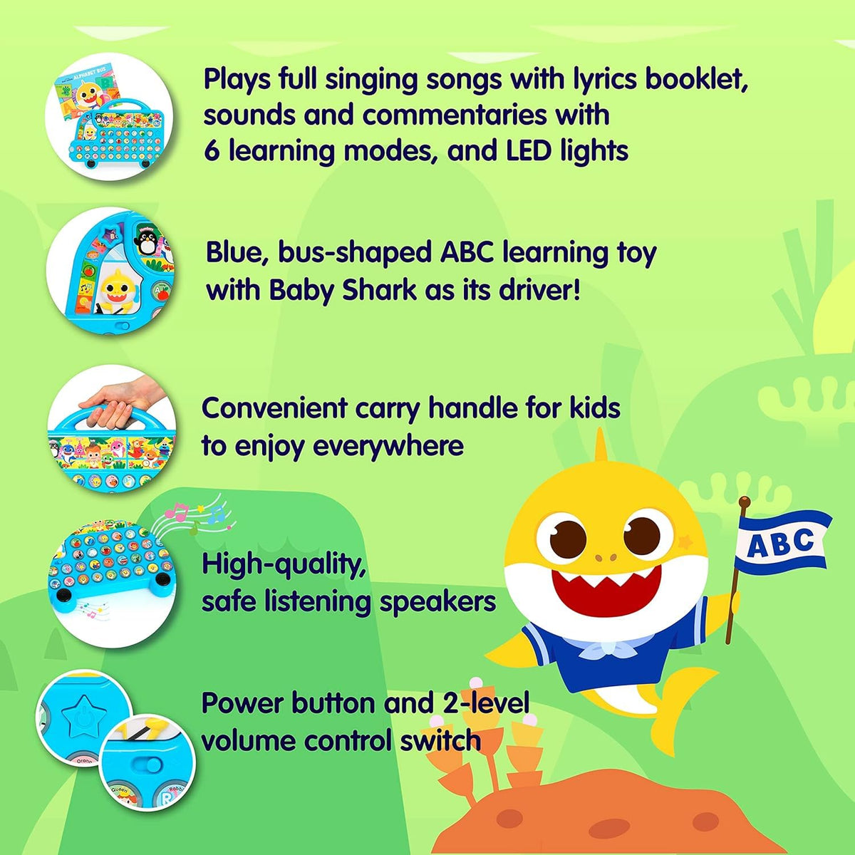 Pinkfong Baby Shark ABC Bus LED lights enhance learning atmosphere.