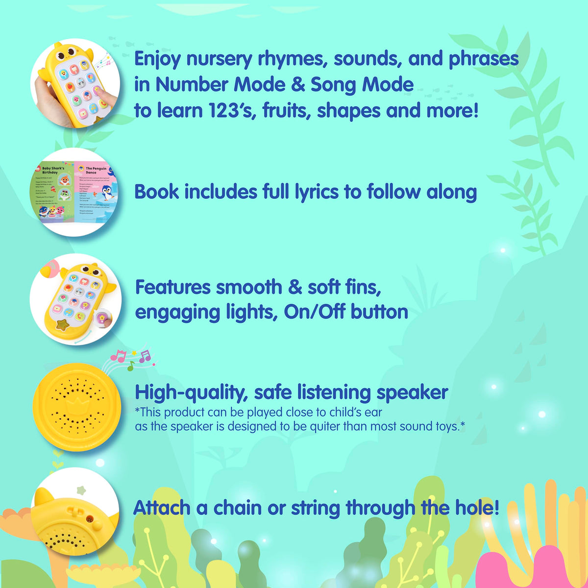 Pinkfong Baby Shark LED lights provide vivid visual cues during songs.