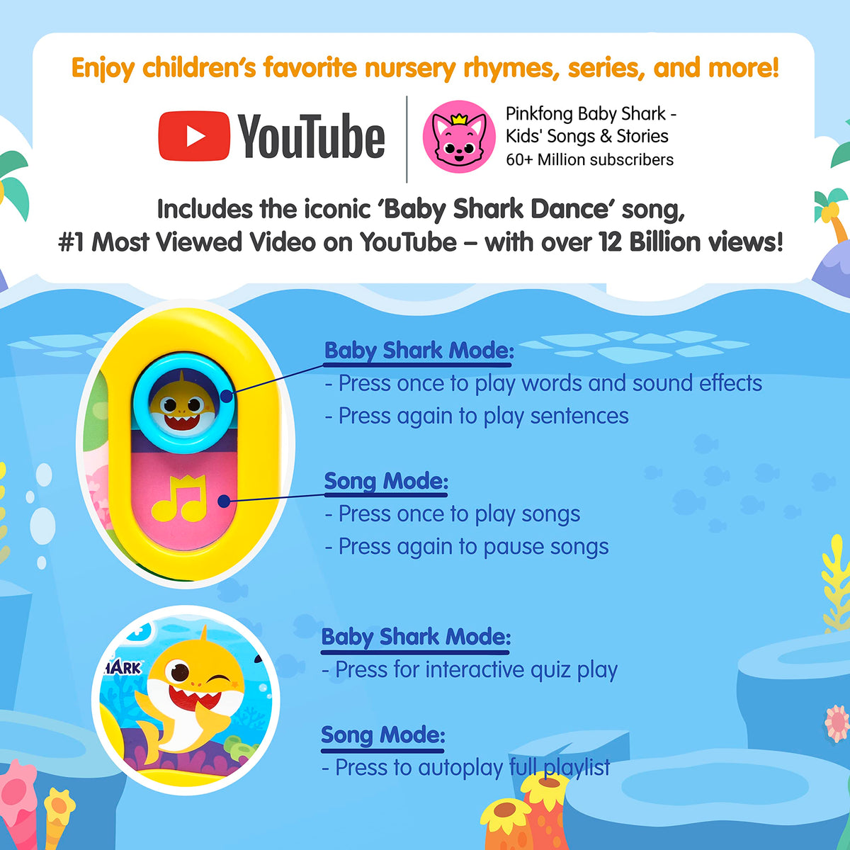 Pinkfong Baby Shark Sing & Learn Pad 41 buttons detail demonstrates interactive words and sounds.