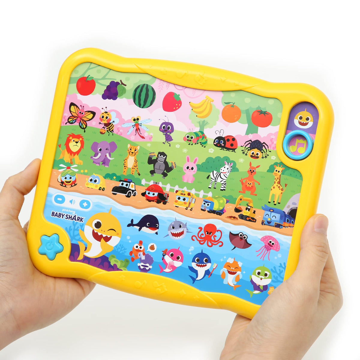 Pinkfong Baby Shark Sing & Learn Pad front view shows durable kid-friendly design for play.
