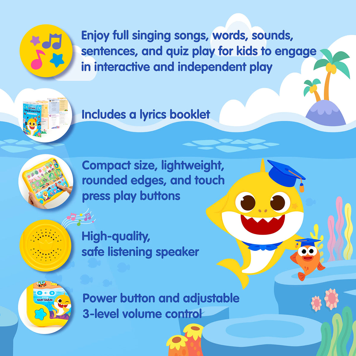 Pinkfong Baby Shark Sing & Learn Pad lyric booklet closeup shows engaging lyrics for sing-alongs.