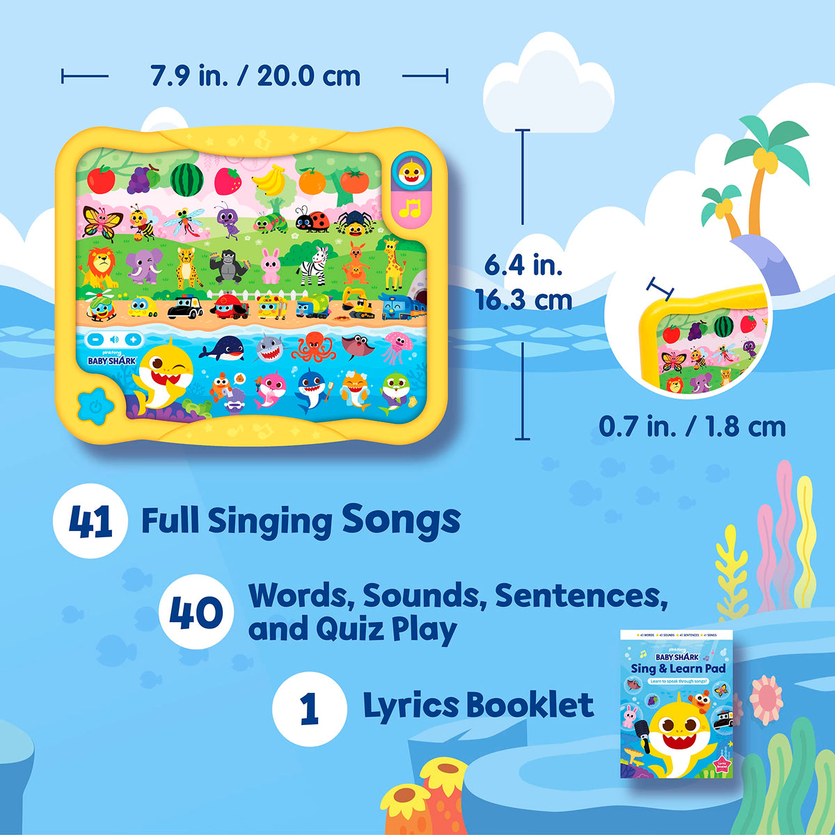 Pinkfong Baby Shark Sing & Learn Pad side view highlights portable design for learning anywhere.