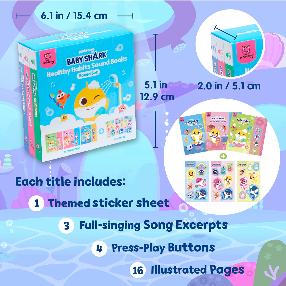 Pinkfong sound book interior pages with interactive buttons for motor skill play.