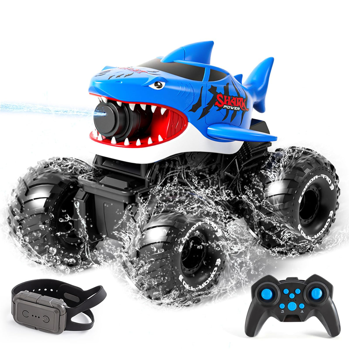Pinkking gesture sensing shark monster truck ready for water squirt adventures on all terrains