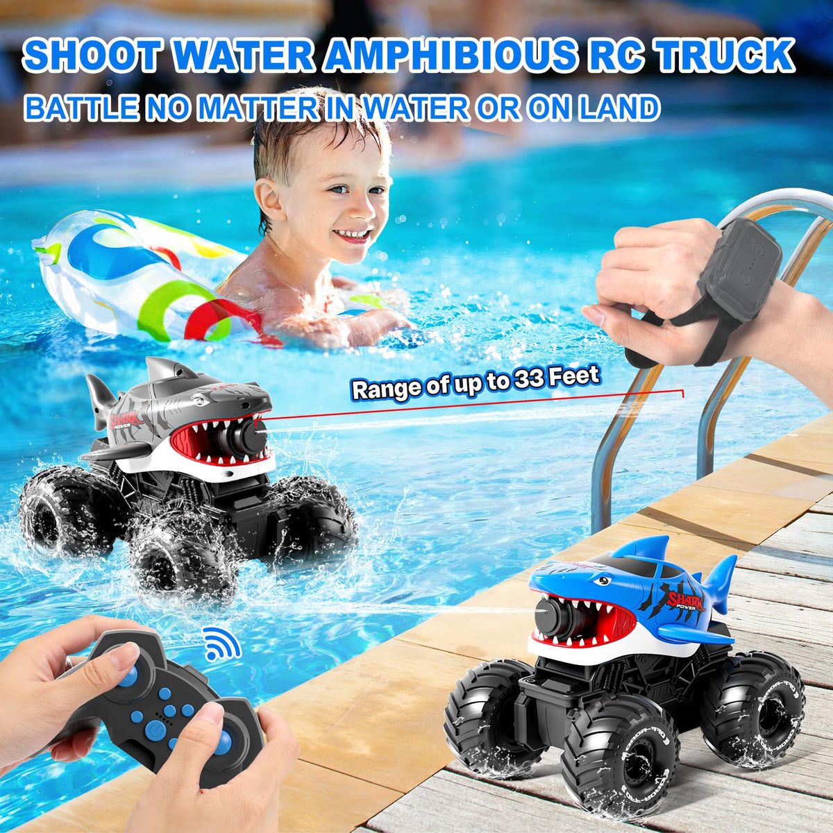 Pinkking gesture sensing shark monster truck in action during ground play