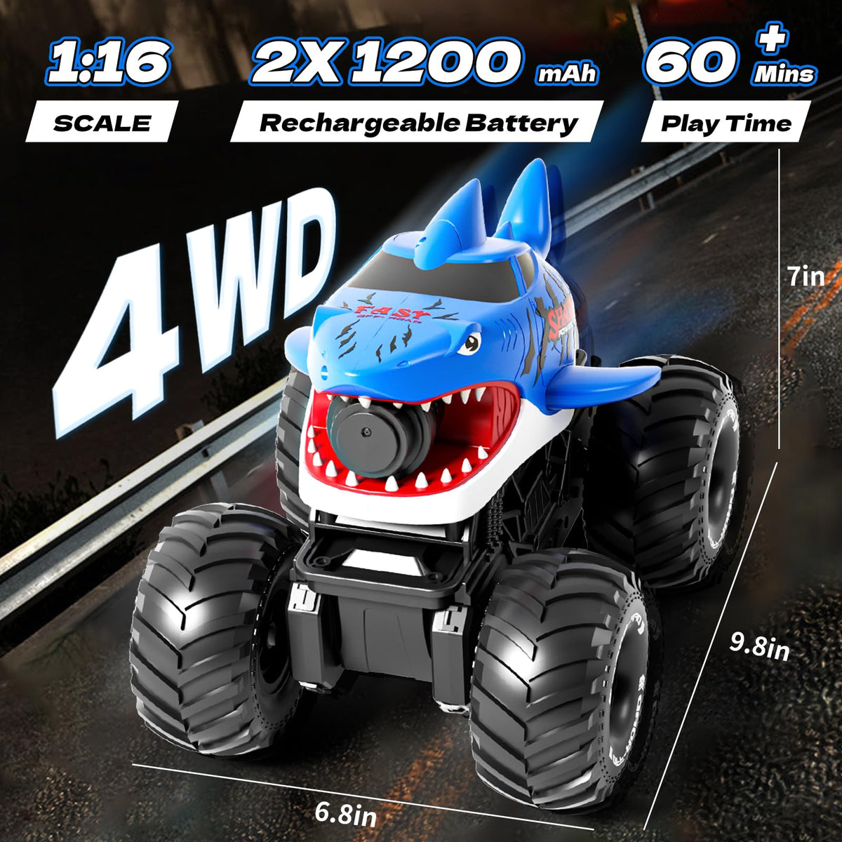 Pinkking shark monster truck near pool edge for splash battles