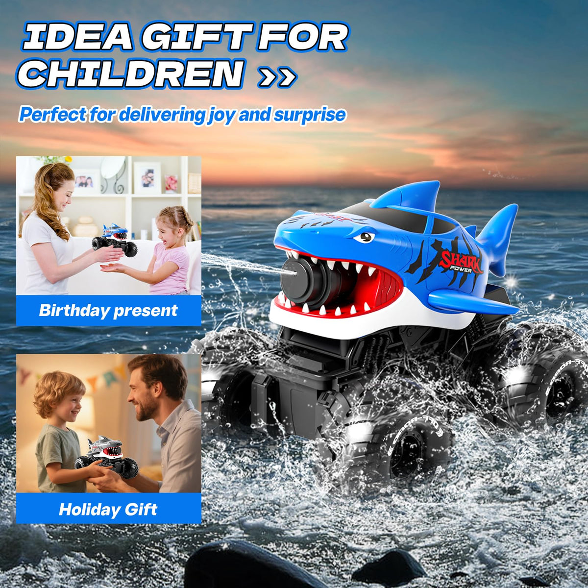 Pinkking gesture control shark monster truck performing stunts for kids