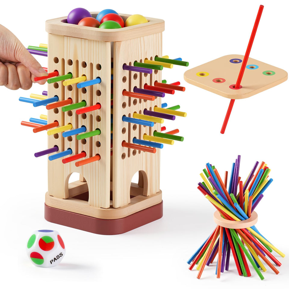 Pinshoon Montessori wooden board game with a colorful setup for focused play.